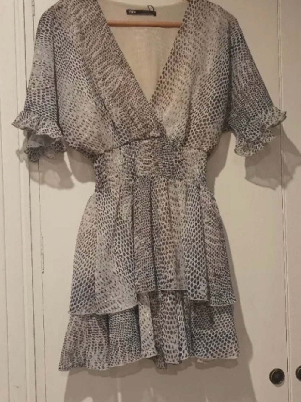 Zara Leopard Print V-Neck Mini Dress, Ruffle Sleeves, Glam Chic, Mobwife, Party.